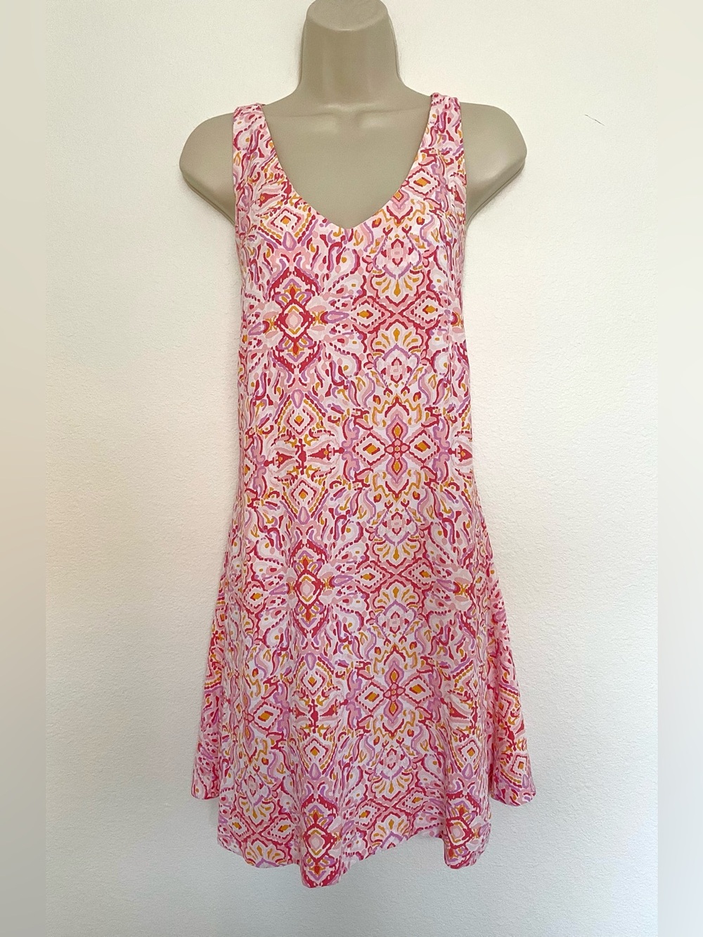 LOFT NWT Pink and Yellow Printed V-Neck Sleeveless Swing Midi Dress Sz M